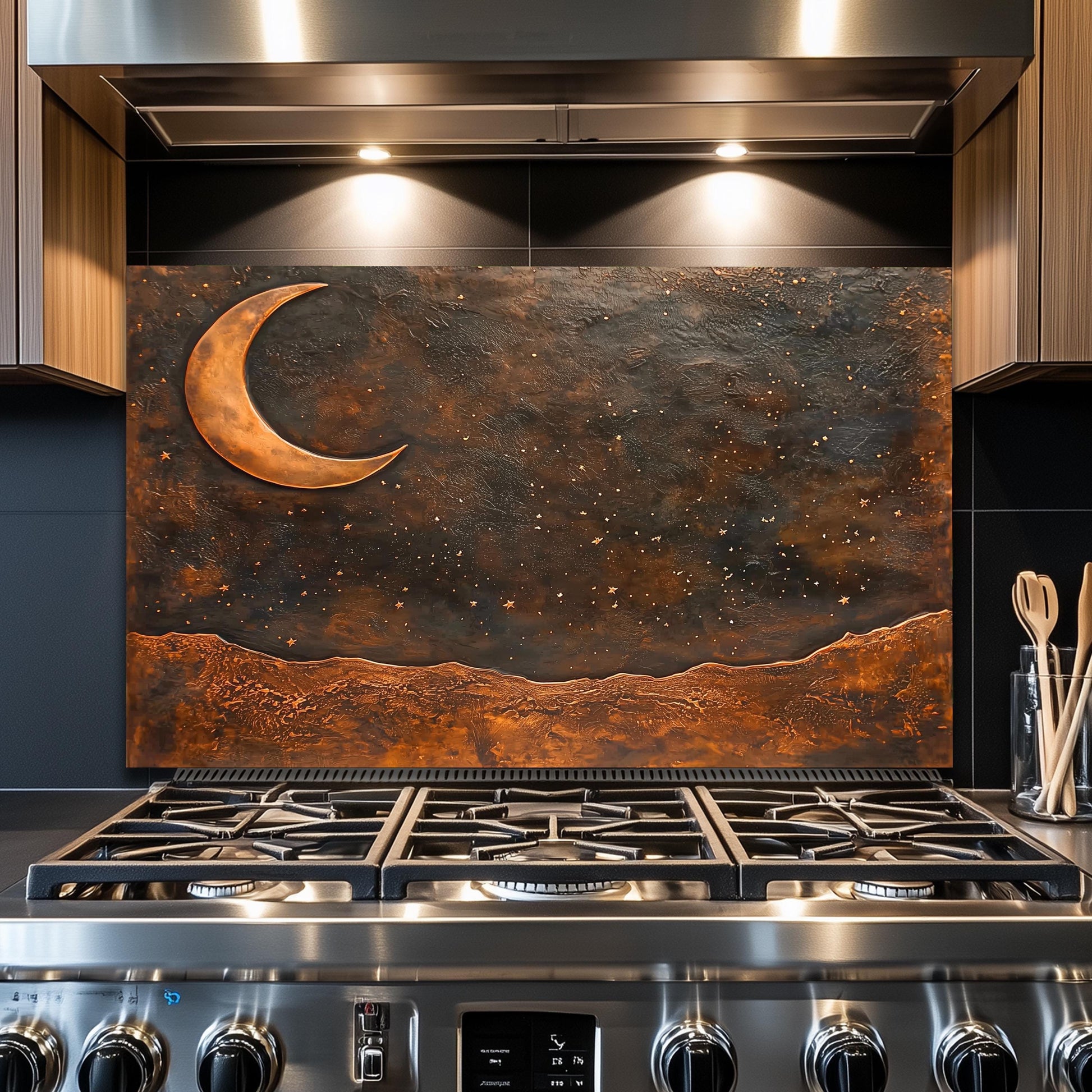 Copper Moon Tempered Glass Backsplash: Rustic Kitchen Decor