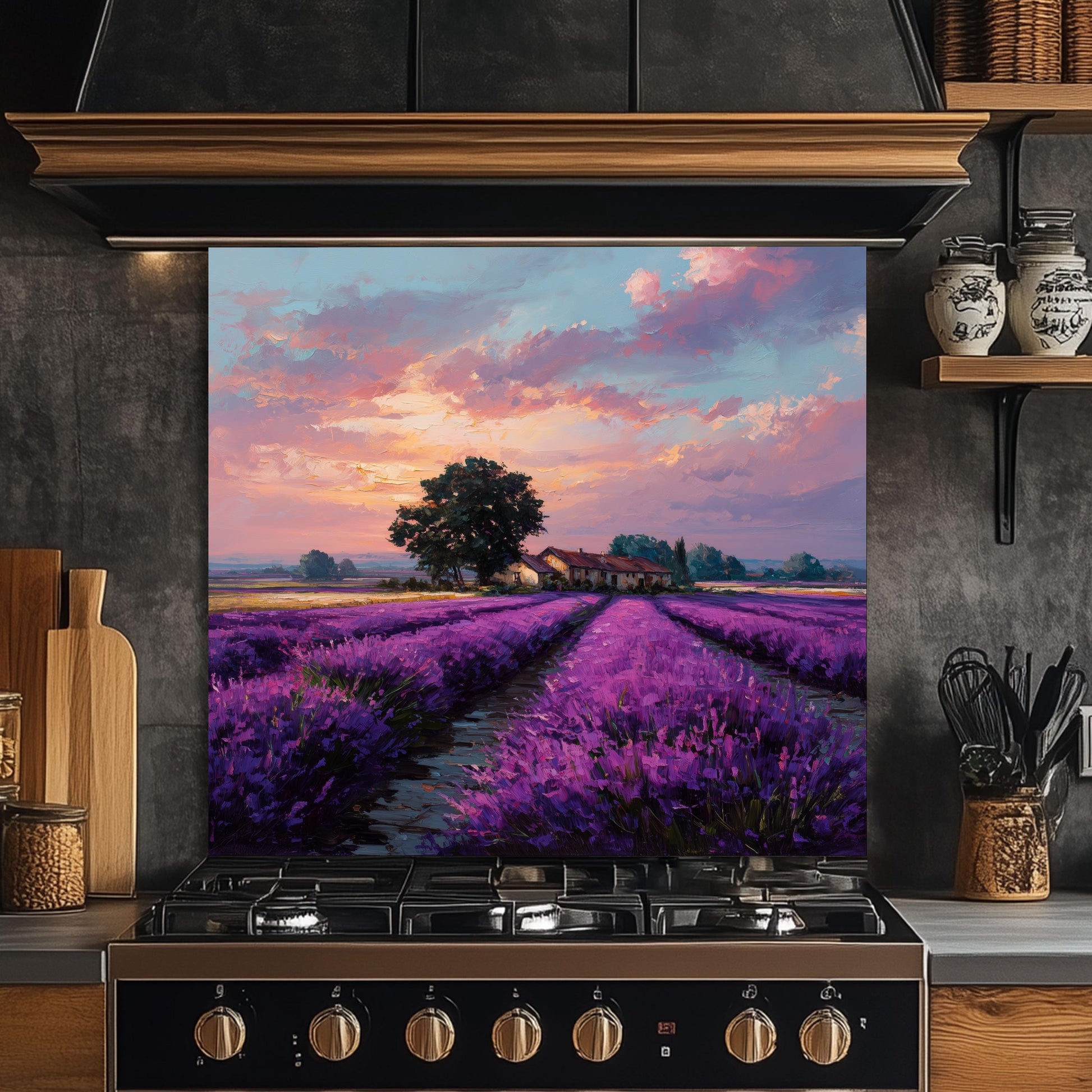 Provence Lavender Field Tempered Glass Backsplash - Sunset Countryside Kitchen Splashback - Heatproof Stove Wall Protector
