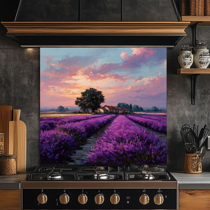 Provence Lavender Field Tempered Glass Backsplash - Sunset Countryside Kitchen Splashback - Heatproof Stove Wall Protector