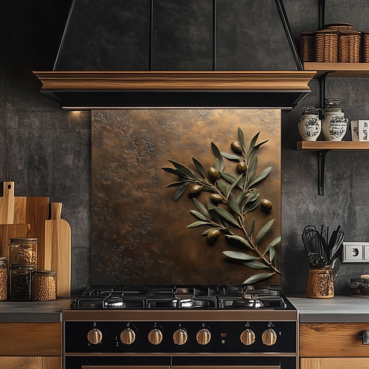 Olive branch tempered glass backsplash for rustic kitchens. Mediterranean-inspired, heat-resistant glass wall protector with olive leaves and realistic design. Easy to clean, perfect for farmhouse decor with a touch of nature.