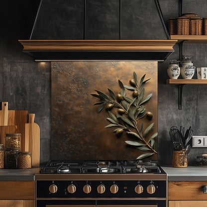 Olive branch tempered glass backsplash for rustic kitchens. Mediterranean-inspired, heat-resistant glass wall protector with olive leaves and realistic design. Easy to clean, perfect for farmhouse decor with a touch of nature.