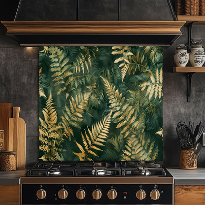 Tropical Fern Glass Backsplash, Green Gold Leaf Stove Guard, Heat Resistant Easy Clean Art