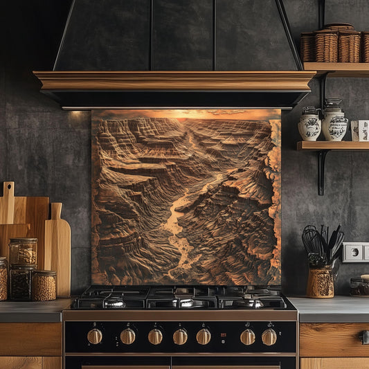 Canyon kitchen backsplash, copper effect wall protector, heat-resistant tempered glass, easy clean backsplash panel, nature landscape kitchen decor, rustic canyon design, stove wall protector