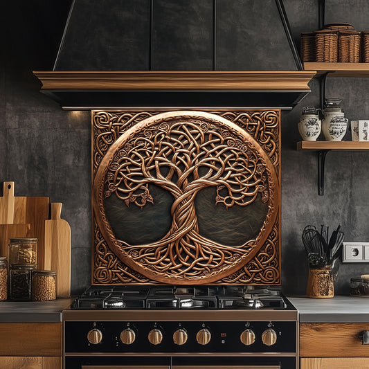 Tempered glass kitchen backsplash, Celtic tree of life design, copper effect, heat-resistant backsplash, rustic kitchen decor, kitchen wall protector, stove protector, easy clean backsplash