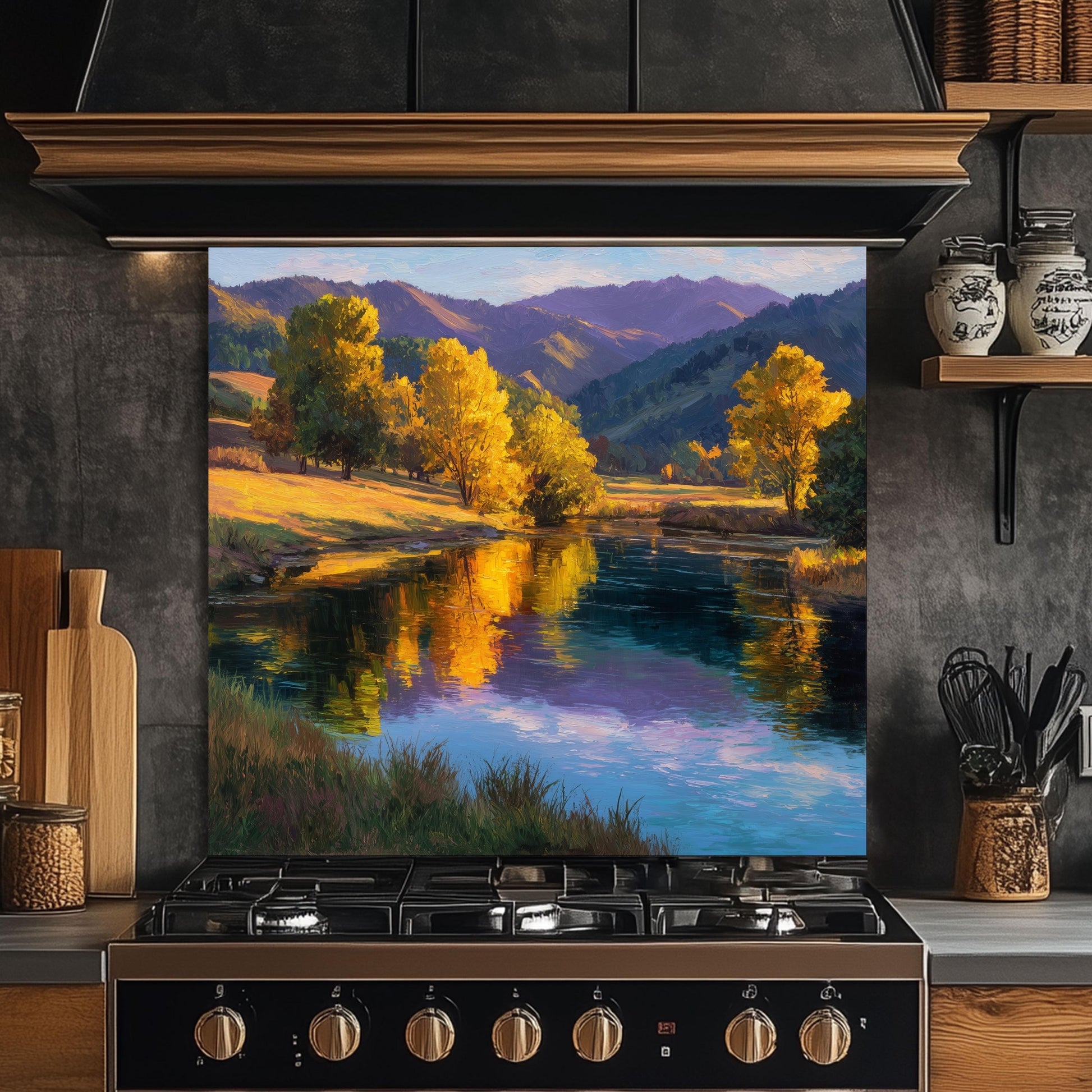 Golden Meadow Lake Tempered Glass Backsplash - Autumn Landscape Kitchen Wall Panel