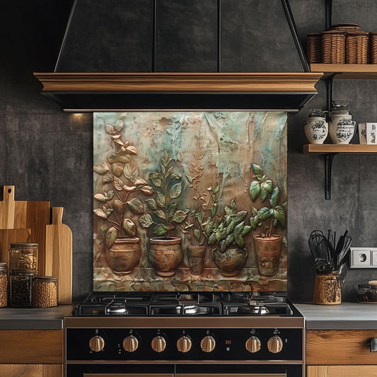 Tempered glass kitchen backsplash, herb garden in pots design, copper effect, heat-resistant backsplash, vintage kitchen decor, kitchen wall protector, stove protector, easy clean backsplash