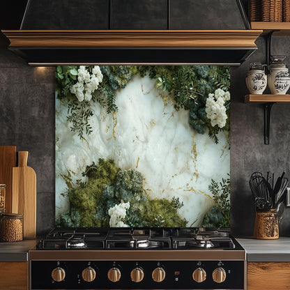 Luxury Marble and Botanical Tempered Glass Backsplash - White Gold Kitchen Splashback