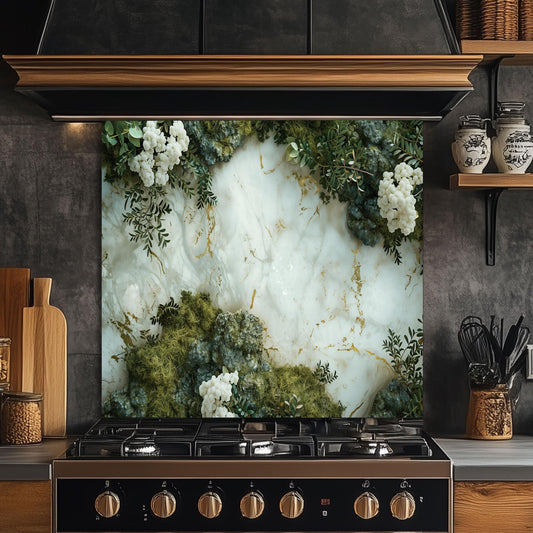 Luxury Marble and Botanical Tempered Glass Backsplash - White Gold Kitchen Splashback