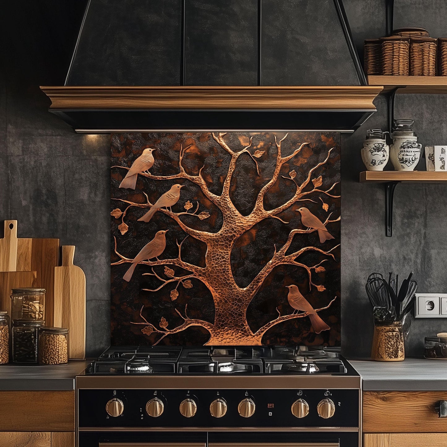 Tempered glass backsplash, tree and bird design, copper effect kitchen wall protector, heat-resistant backsplash, rustic kitchen decor, nature-inspired kitchen art, easy clean stove backsplash