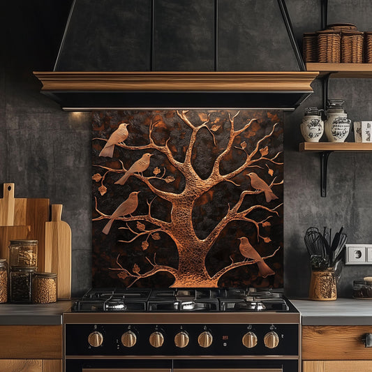 Tempered glass backsplash, tree and bird design, copper effect kitchen wall protector, heat-resistant backsplash, rustic kitchen decor, nature-inspired kitchen art, easy clean stove backsplash