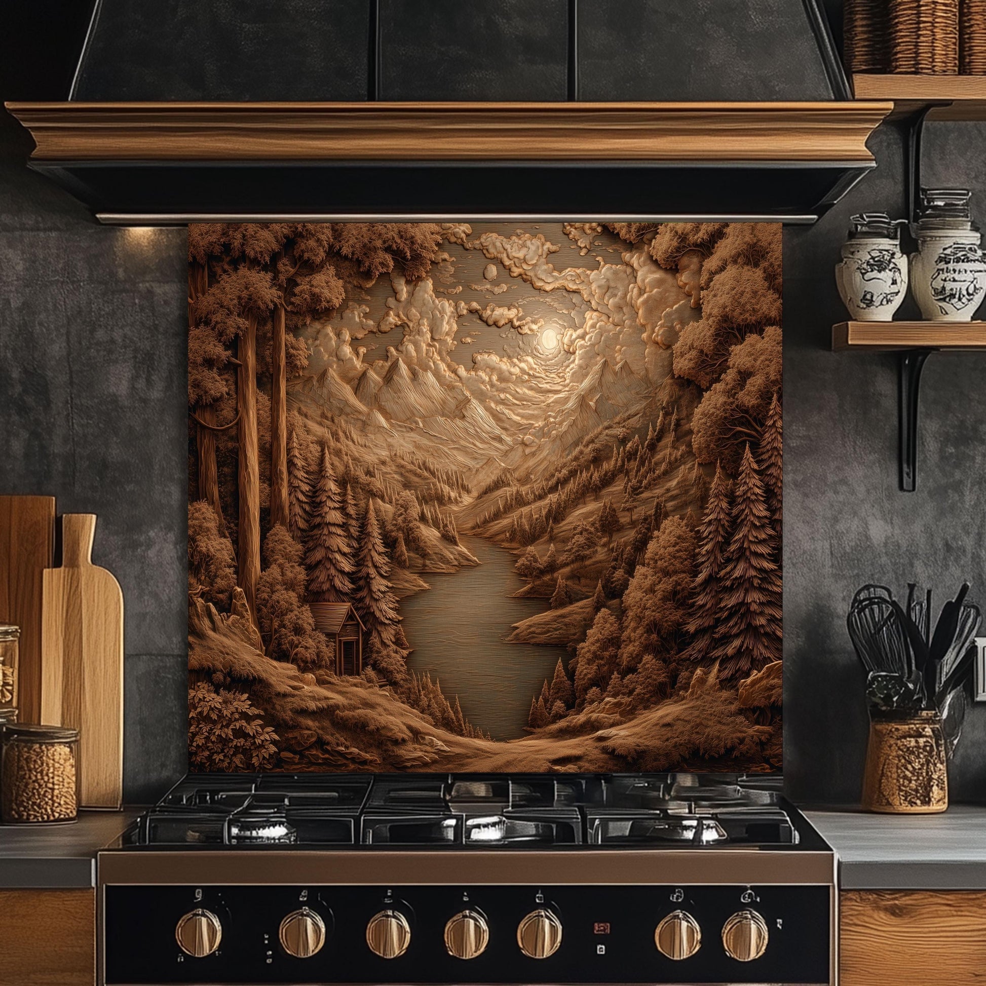 Sepia Mountain Landscape Kitchen Backsplash, UV Printed Tempered Glass Art, Custom Size Design