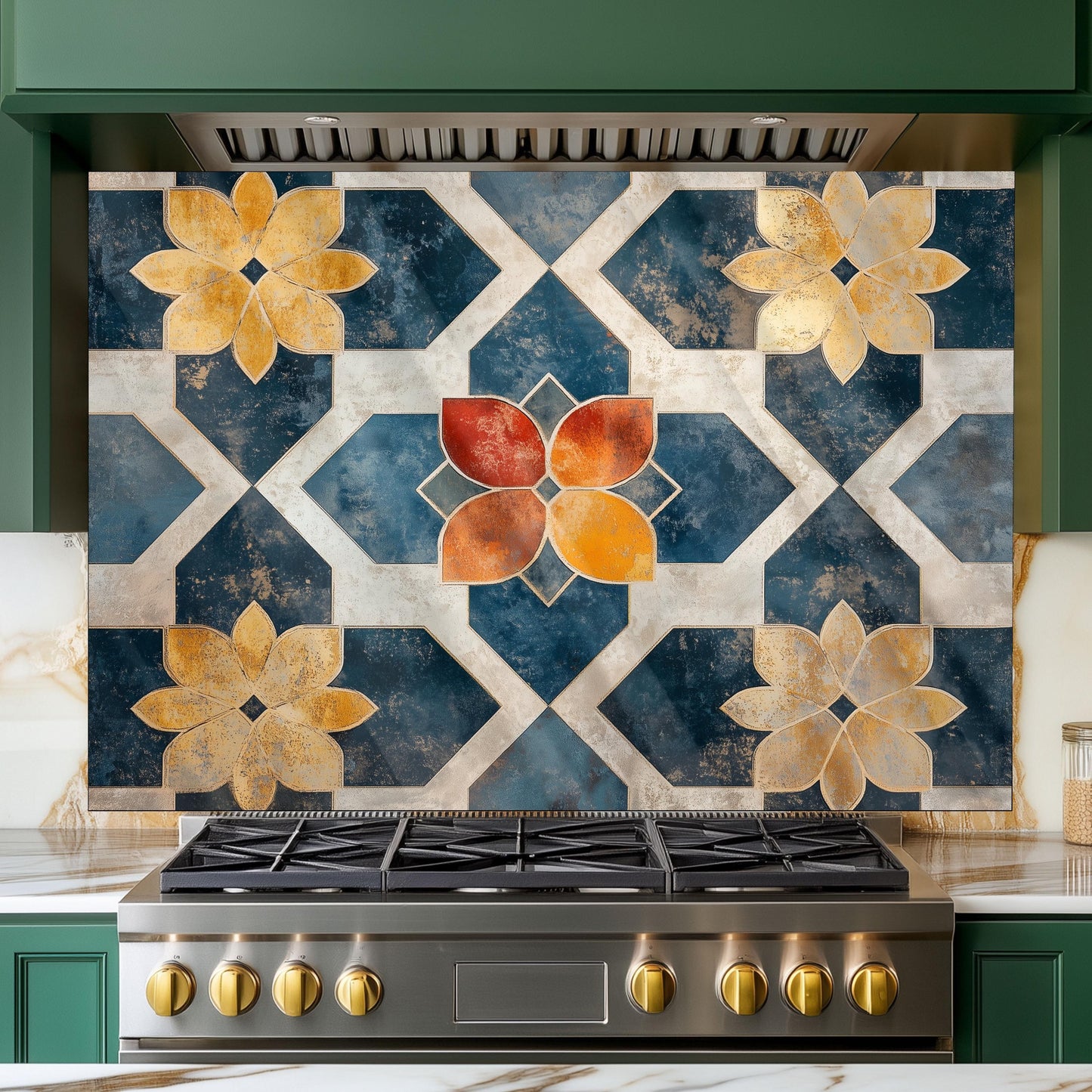 Moroccan Style Glass Backsplash, Geometric Tile Stove Guard, Heat Resistant Easy Clean Kitchen Art