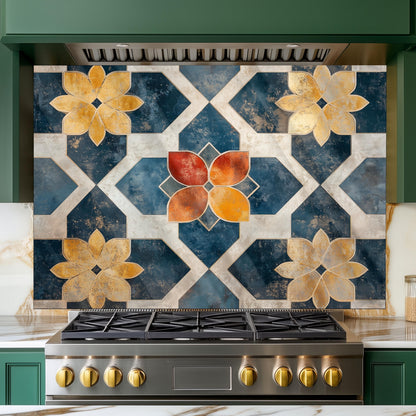 Moroccan Style Glass Backsplash, Geometric Tile Stove Guard, Heat Resistant Easy Clean Kitchen Art