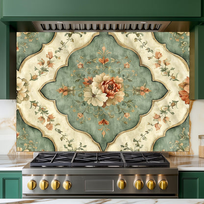 Moroccan Floral Glass Backsplash, Geometric Medallion Stove Guard, Heat Resistant Easy Clean Art