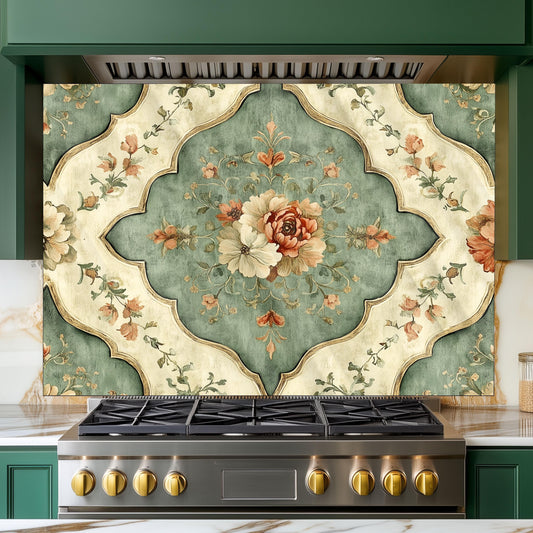 Moroccan Floral Glass Backsplash, Geometric Medallion Stove Guard, Heat Resistant Easy Clean Art