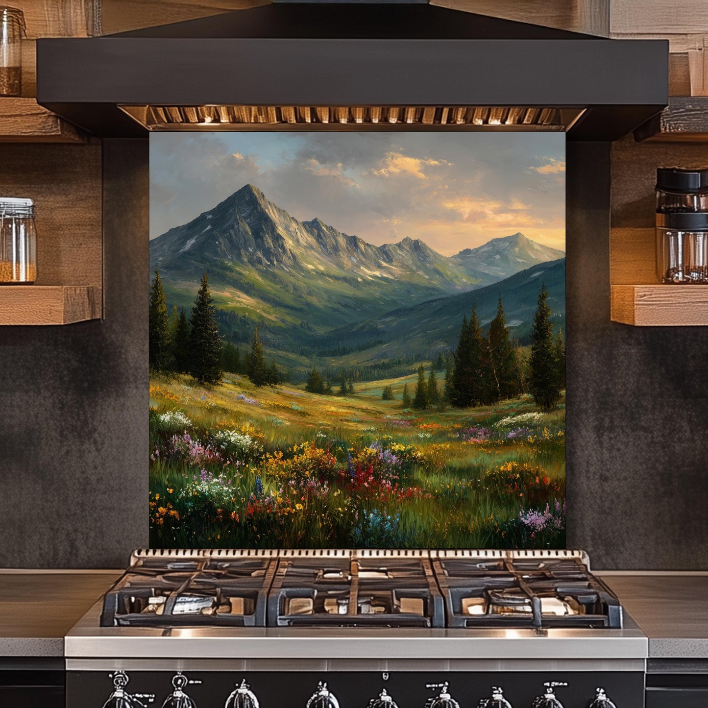 Mountain Meadow Kitchen Backsplash, Wildflower Landscape Tempered Glass, Custom Size Design