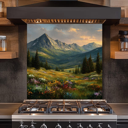 Mountain Meadow Kitchen Backsplash, Wildflower Landscape Tempered Glass, Custom Size Design