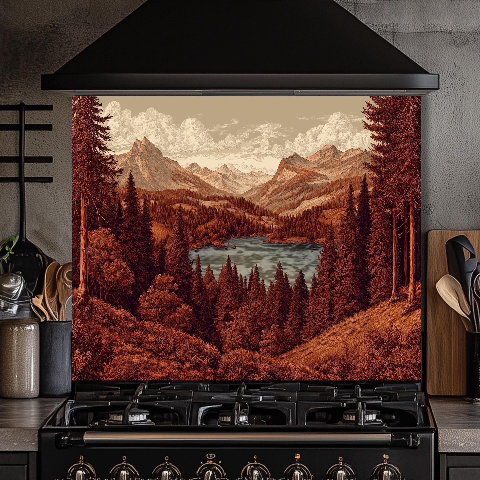 Tempered Glass Mountain Lake Backsplash: Rustic Cabin Kitchen Decor
