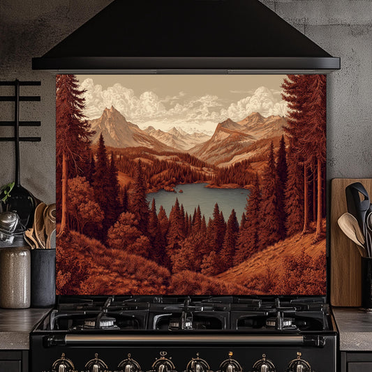 Tempered Glass Mountain Lake Backsplash: Rustic Cabin Kitchen Decor