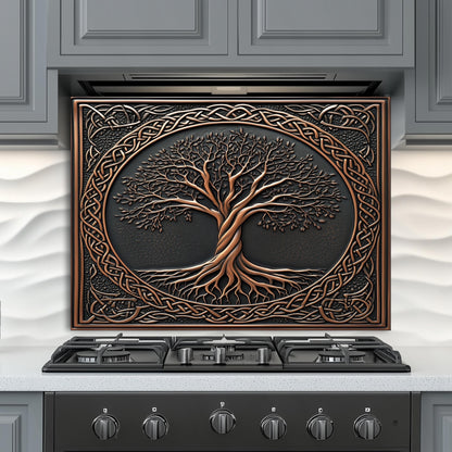 Tree of Life Glass Backsplash, Spiritual Nature Stove Guard, Heat Resistant Easy Clean Art