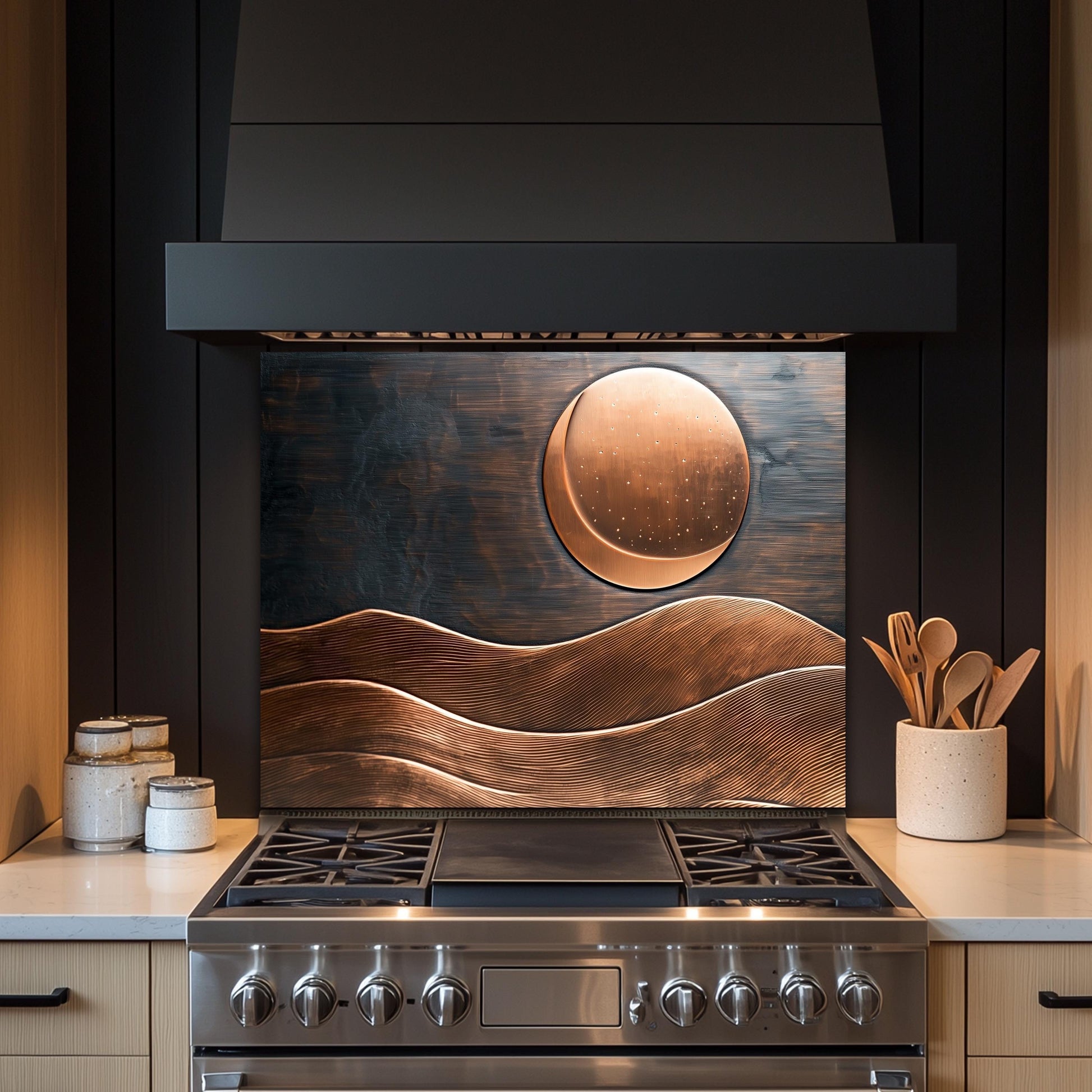 Copper Moon Tempered Glass Kitchen Backsplash: Rustic Stove Panel