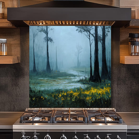 Foggy Meadow Swamp Tempered Glass Backsplash - Misty Wetland Kitchen Splashback with Yellow Flowers