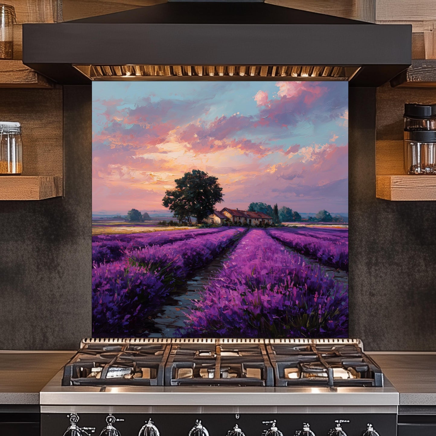 Provence Lavender Field Tempered Glass Backsplash - Sunset Countryside Kitchen Splashback - Heatproof Stove Wall Protector