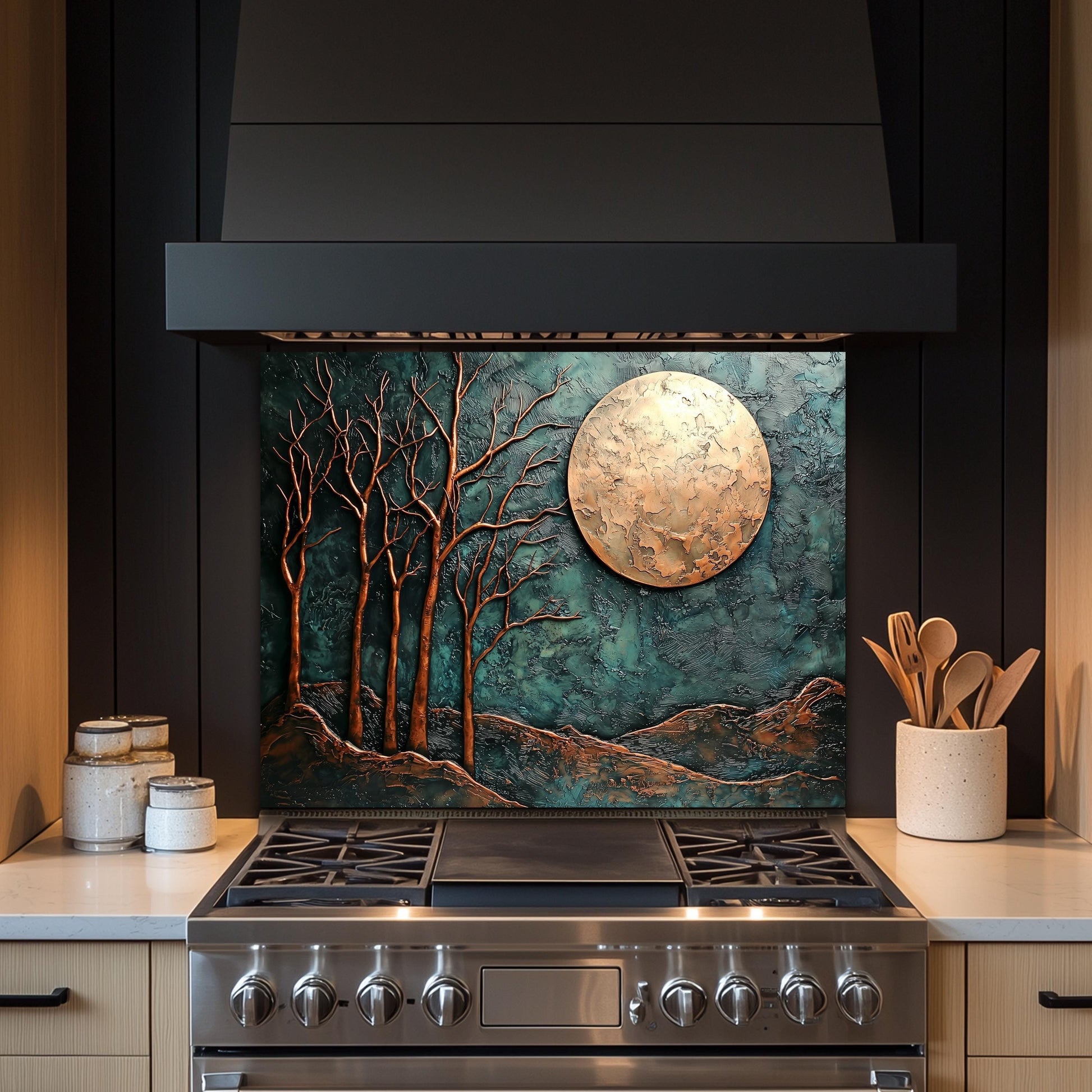 Copper Moon & Heron Backsplash, Heat Resistant Nature Guard, Custom Size Glass Art