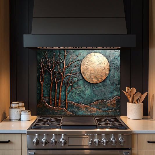 Copper Moon & Heron Backsplash, Heat Resistant Nature Guard, Custom Size Glass Art