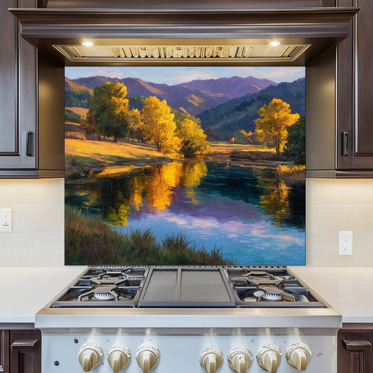Golden Meadow Lake Tempered Glass Backsplash - Autumn Landscape Kitchen Wall Panel