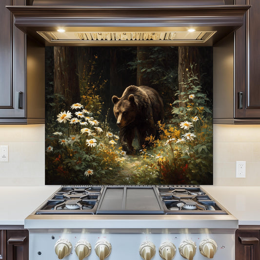Copper Bear Backsplash: Hand-Embossed Tempered Glass, Rustic Cabin Kitchen