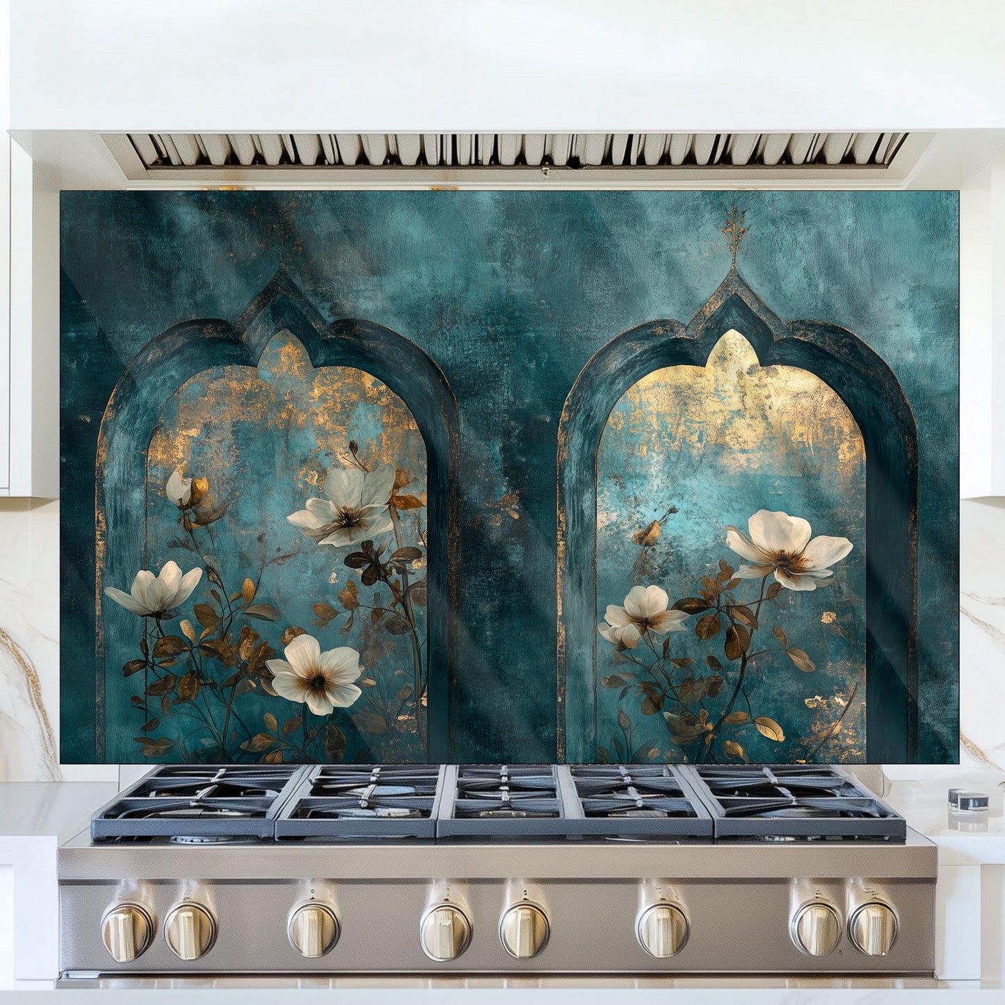 Moroccan Floral Tempered Glass Kitchen Backsplash: Modern Art