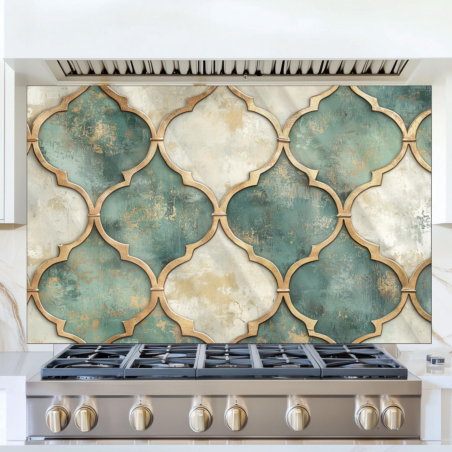 Moroccan Tempered Glass Backsplash, Artistic Geometric Stove Guard, Heat Resistant Easy Clean Art