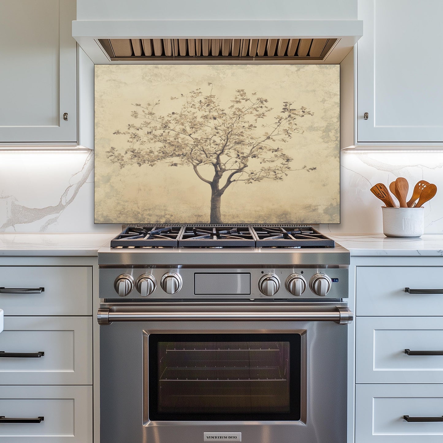 Tempered glass backsplash, vintage tree design, heat-resistant wall panel, easy clean kitchen protector, artistic backsplash, stove protector, stylish wall art, modern kitchen decor