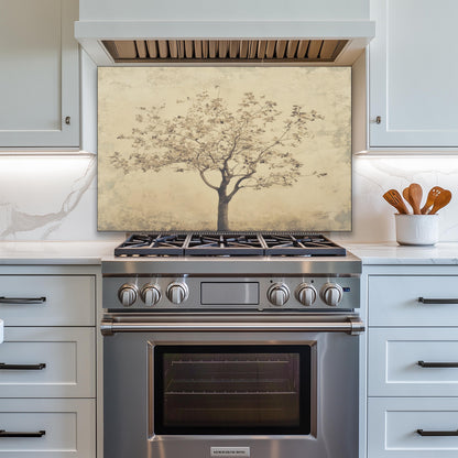 Tempered glass backsplash, vintage tree design, heat-resistant wall panel, easy clean kitchen protector, artistic backsplash, stove protector, stylish wall art, modern kitchen decor