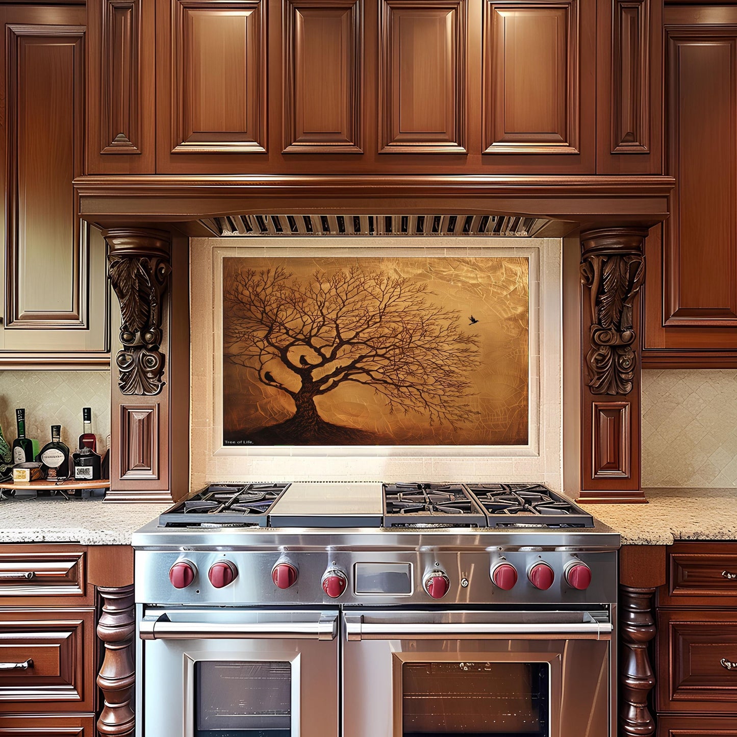 Copper Look Tree Kitchen Backsplash, UV Printed Tempered Glass Art, Custom Size Design