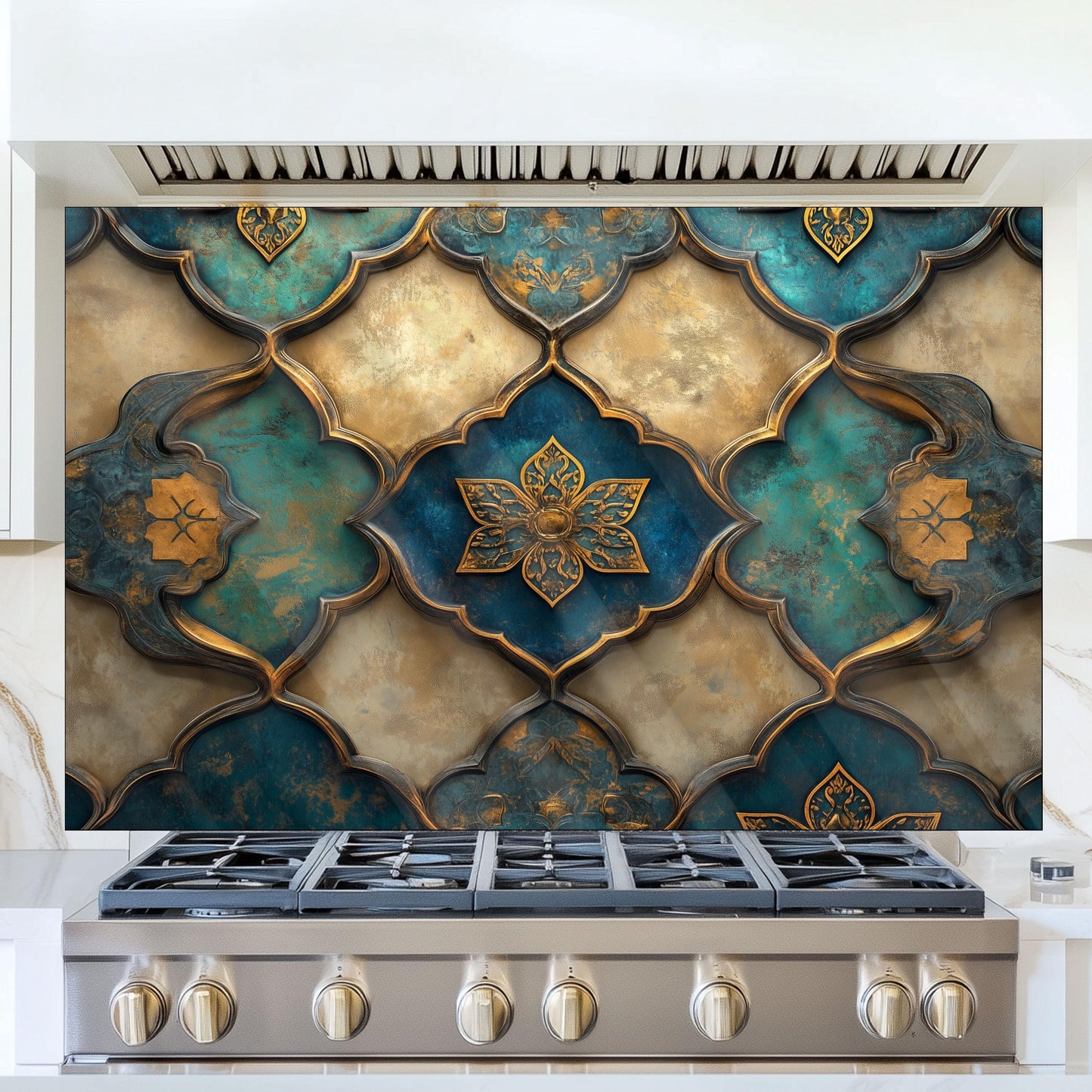 Moroccan Tempered Glass Kitchen Backsplash, Rustic Stove Protection, Custom Size Design