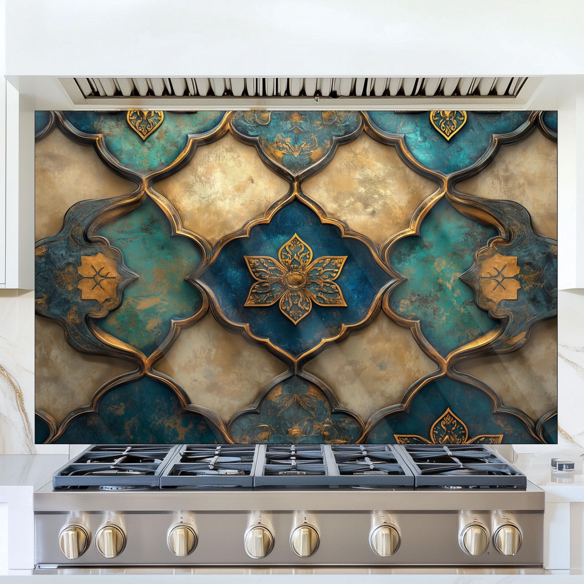 Moroccan Tempered Glass Kitchen Backsplash, Rustic Stove Protection, Custom Size Design