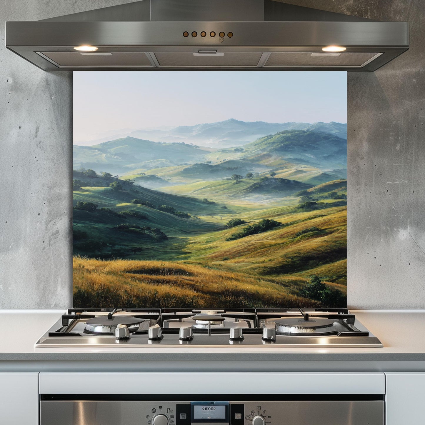 Green Hills Tempered Glass Backsplash – Nature Landscape Kitchen Wall Art
