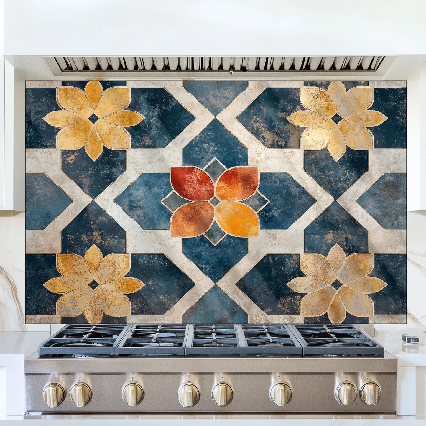 Moroccan Style Glass Backsplash, Geometric Tile Stove Guard, Heat Resistant Easy Clean Kitchen Art
