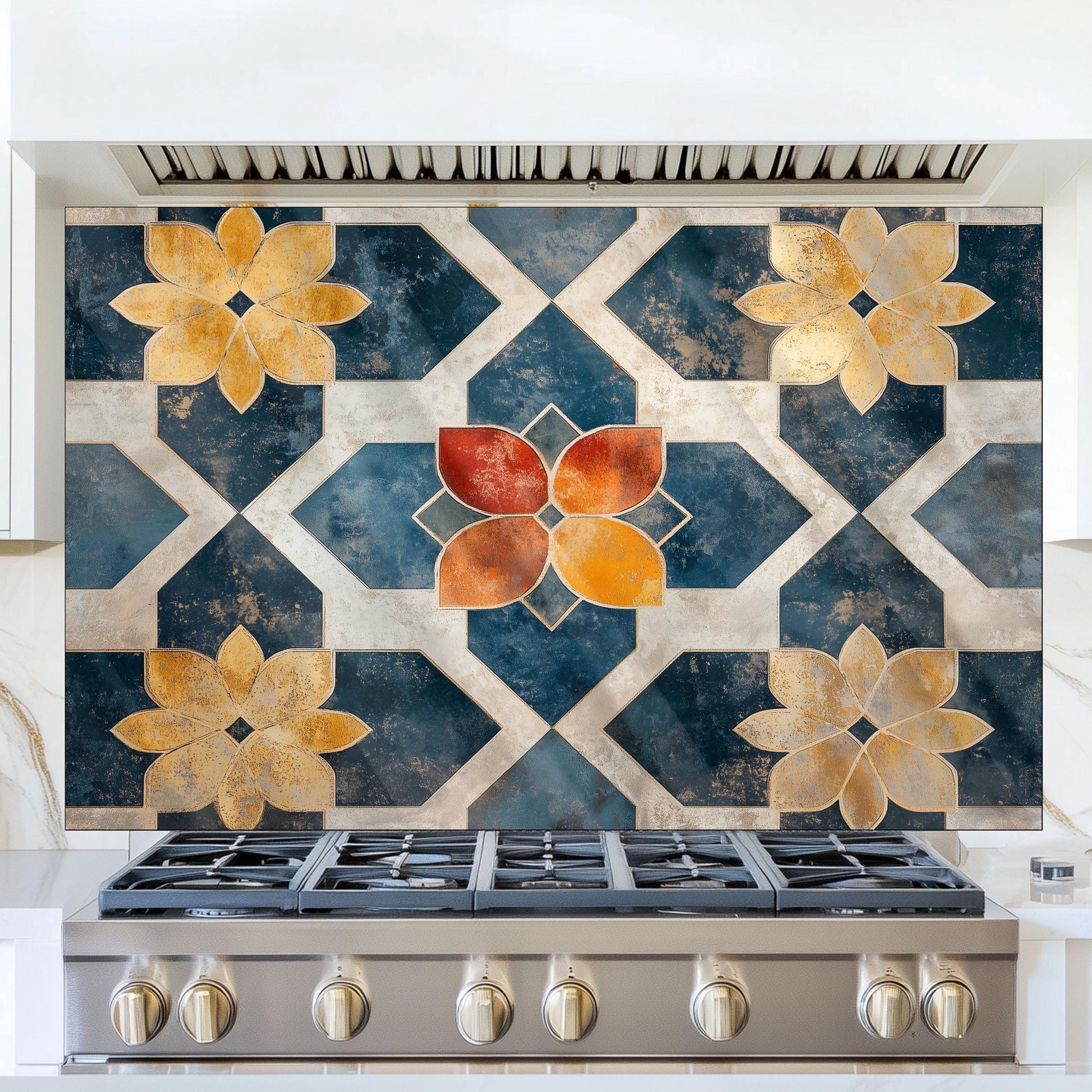 Moroccan Style Glass Backsplash, Geometric Tile Stove Guard, Heat Resistant Easy Clean Kitchen Art