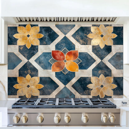 Moroccan Style Glass Backsplash, Geometric Tile Stove Guard, Heat Resistant Easy Clean Kitchen Art