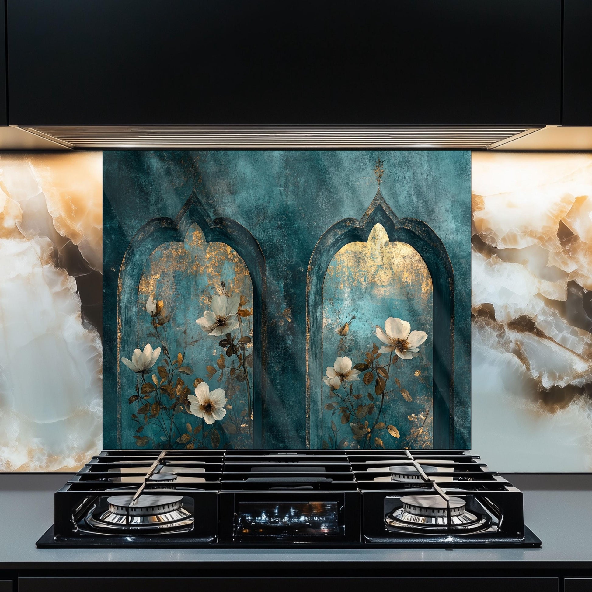 Moroccan Floral Tempered Glass Kitchen Backsplash: Modern Art