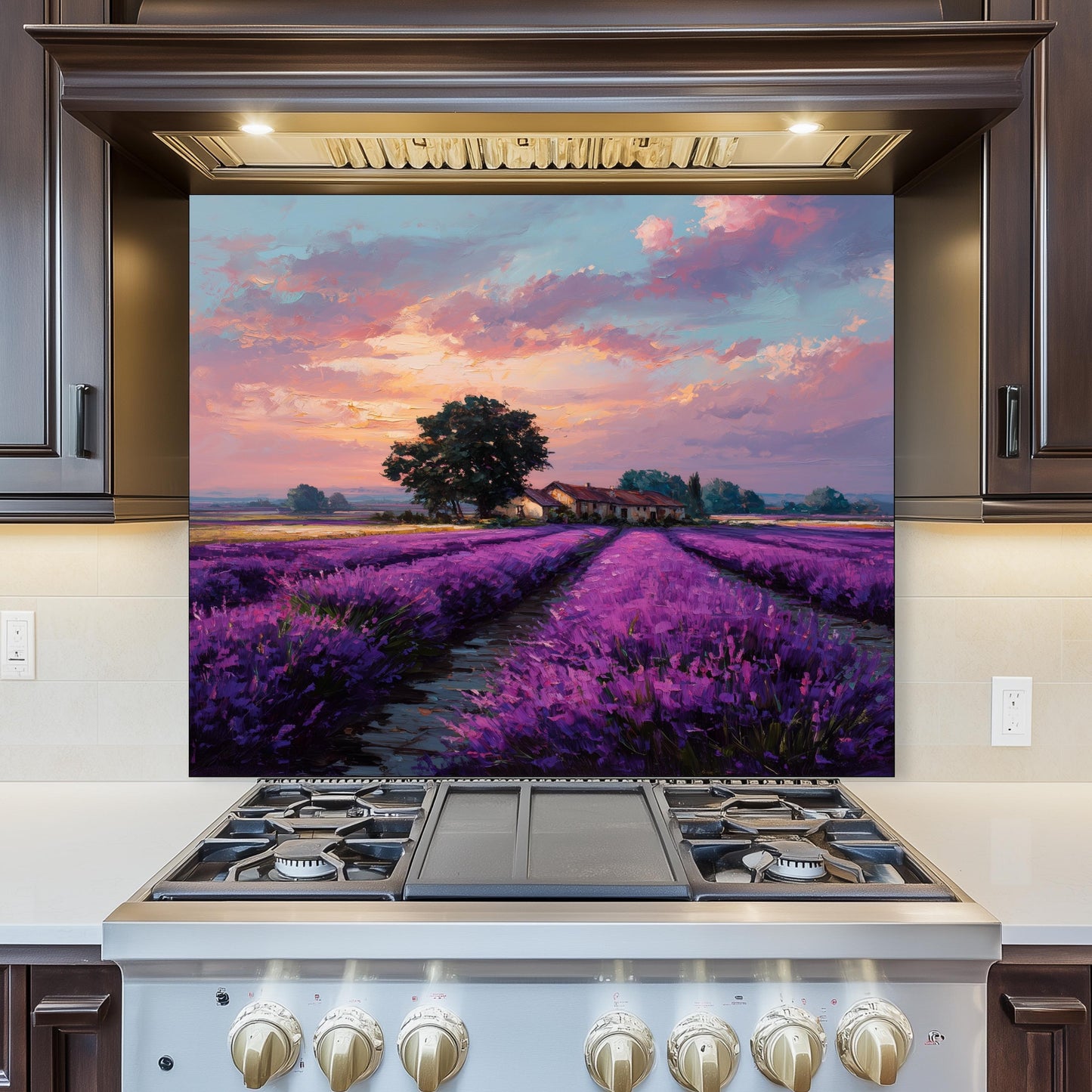 Provence Lavender Field Tempered Glass Backsplash - Sunset Countryside Kitchen Splashback - Heatproof Stove Wall Protector