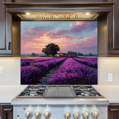 Provence Lavender Field Tempered Glass Backsplash - Sunset Countryside Kitchen Splashback - Heatproof Stove Wall Protector