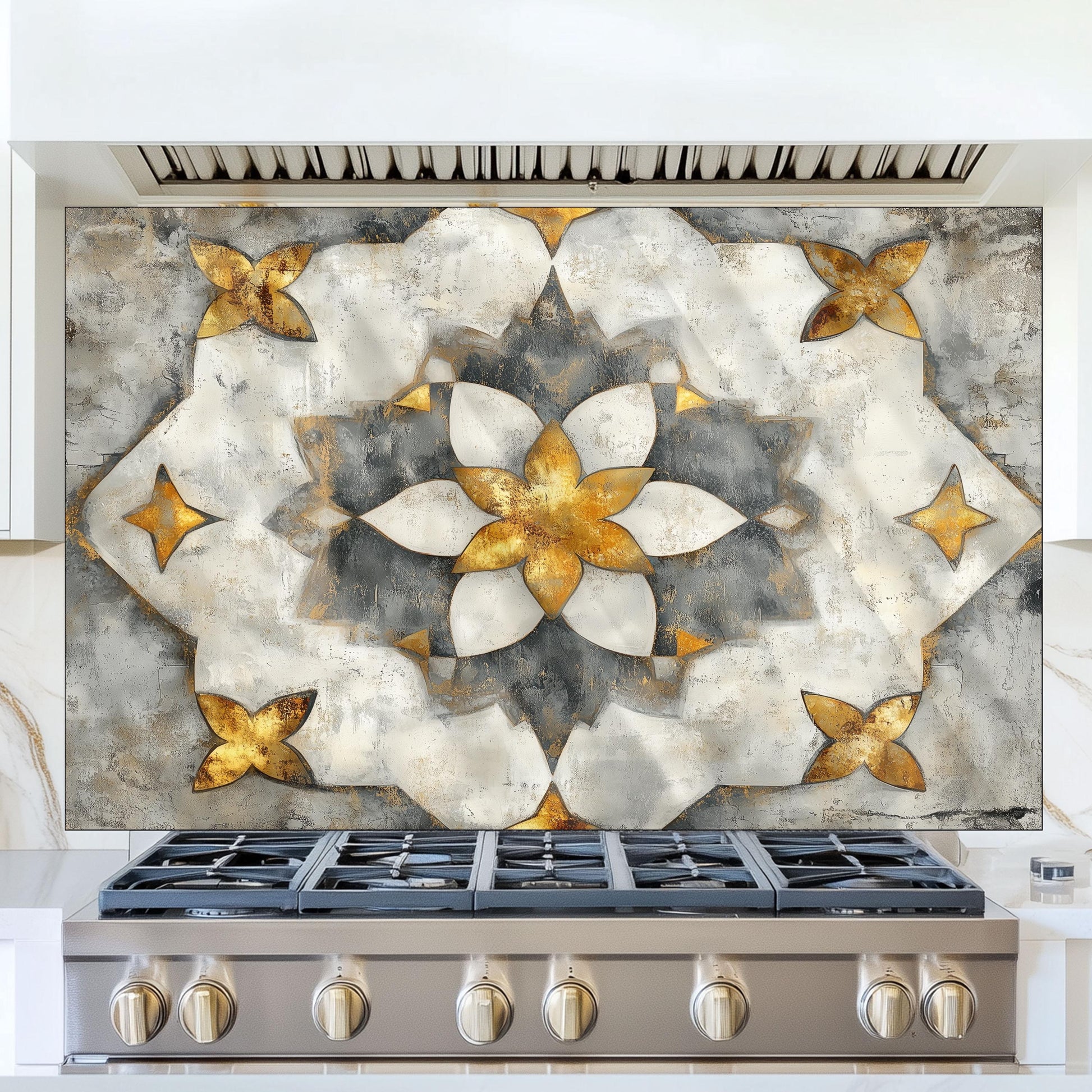 Navy & Amber Moroccan Backsplash, Heat Resistant Stove Guard, Custom Size Glass Art