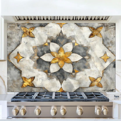 Navy & Amber Moroccan Backsplash, Heat Resistant Stove Guard, Custom Size Glass Art