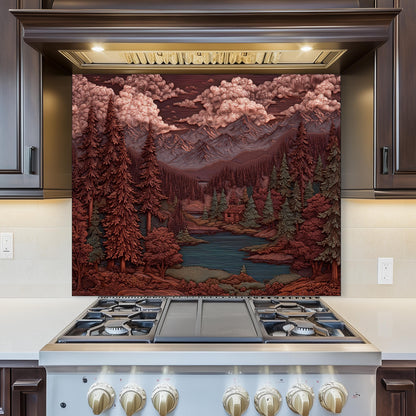 Mountain Kitchen Backsplash: Tempered Glass Forest Scene Stove Protector