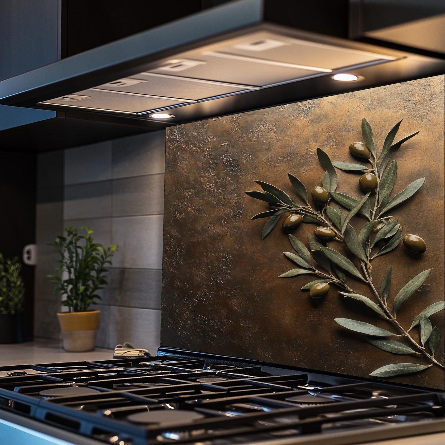 Mediterranean-style tempered glass backsplash with olive branch design, perfect for kitchens. Heat-resistant and easy to clean, this wall protector adds rustic elegance to farmhouse decor.