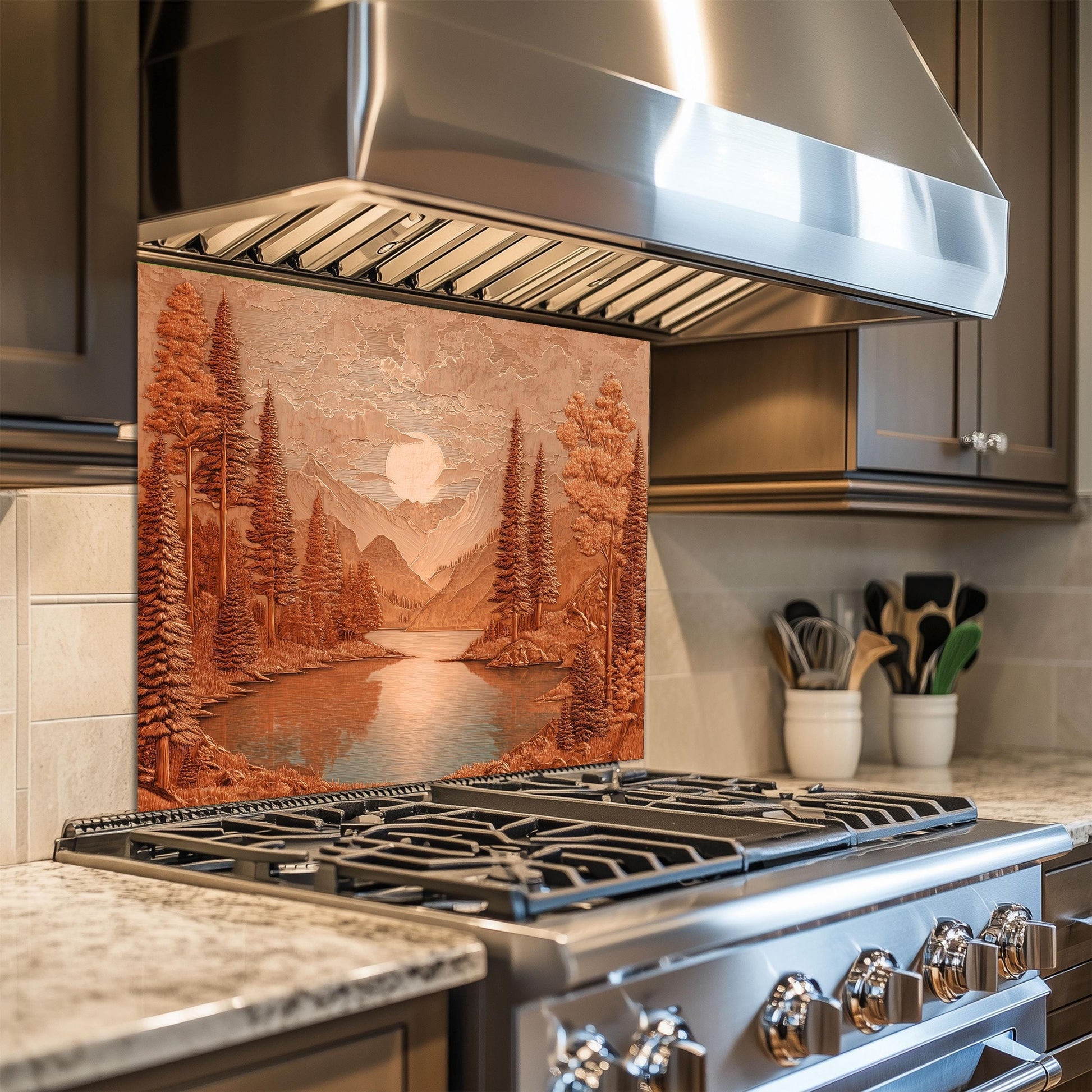 Tempered Glass Mountain & Deer Backsplash: Rustic Kitchen Decor
